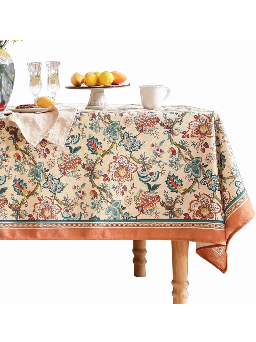 NEW bilin gaier Linen Blend Floral Rectangle Tablecloth, Block Print, 67"x118”